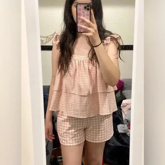 NWT Copper Key Pink & White Gingham Plaid Ruffle Short Set- Size Medium - Picture 2 of 5